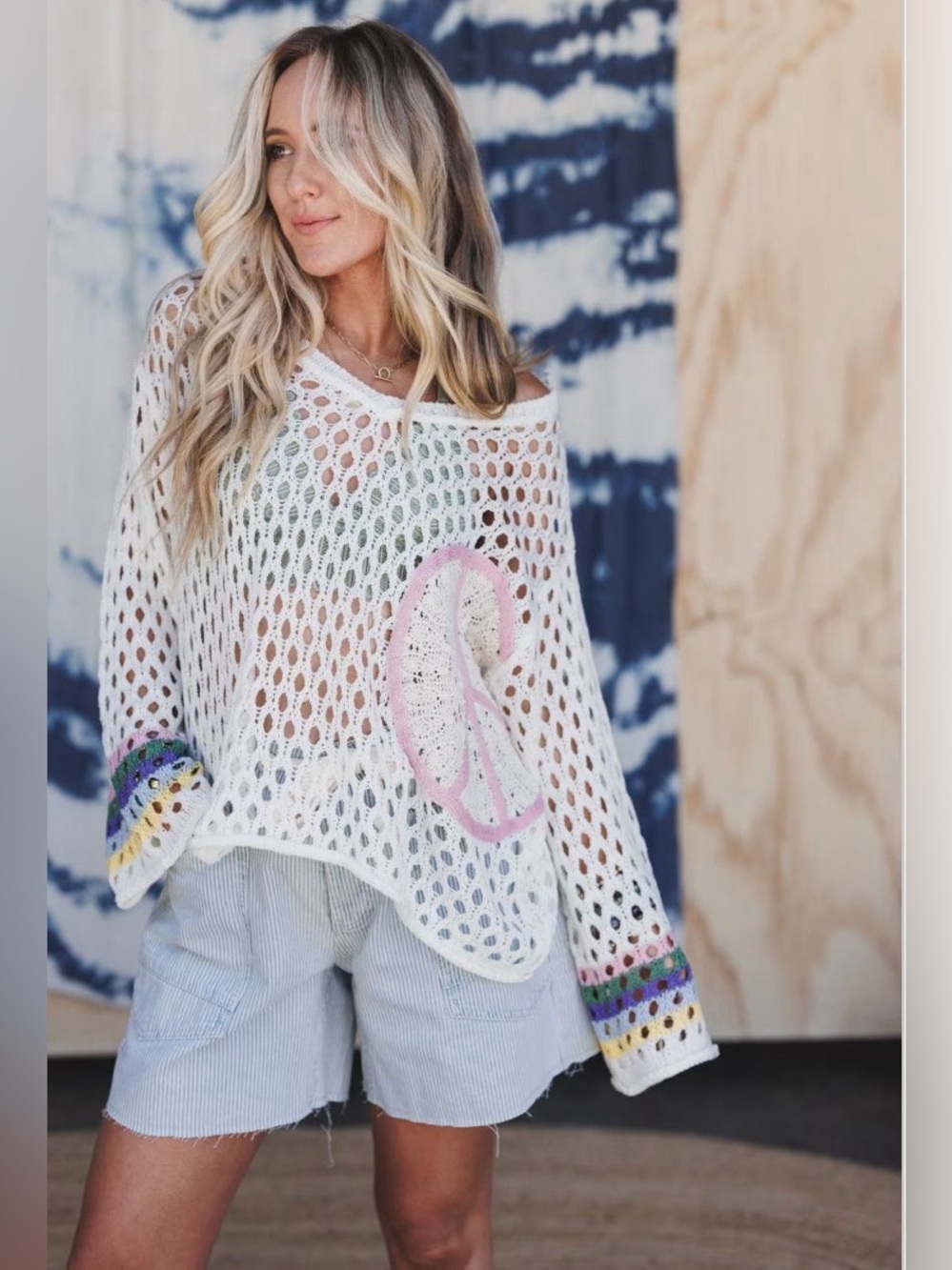 POL CLOTHING Boho Open-Knit Peace Sign Sweater with Rainbow Cuffs